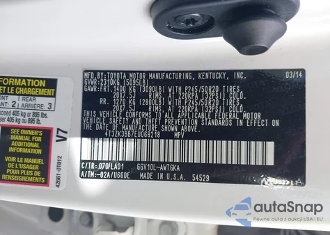 2014 Toyota Venza Xle V6 z USA, uszkodzony, nr VIN 4T3ZK3BB7EU068218